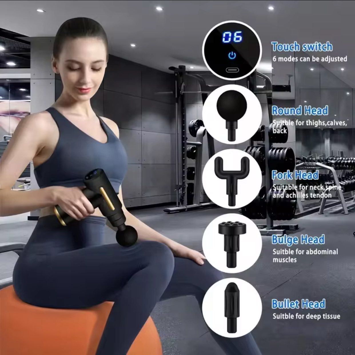 Portable Deep Tissue Massage Gun – 6 Speed, 4 Heads.