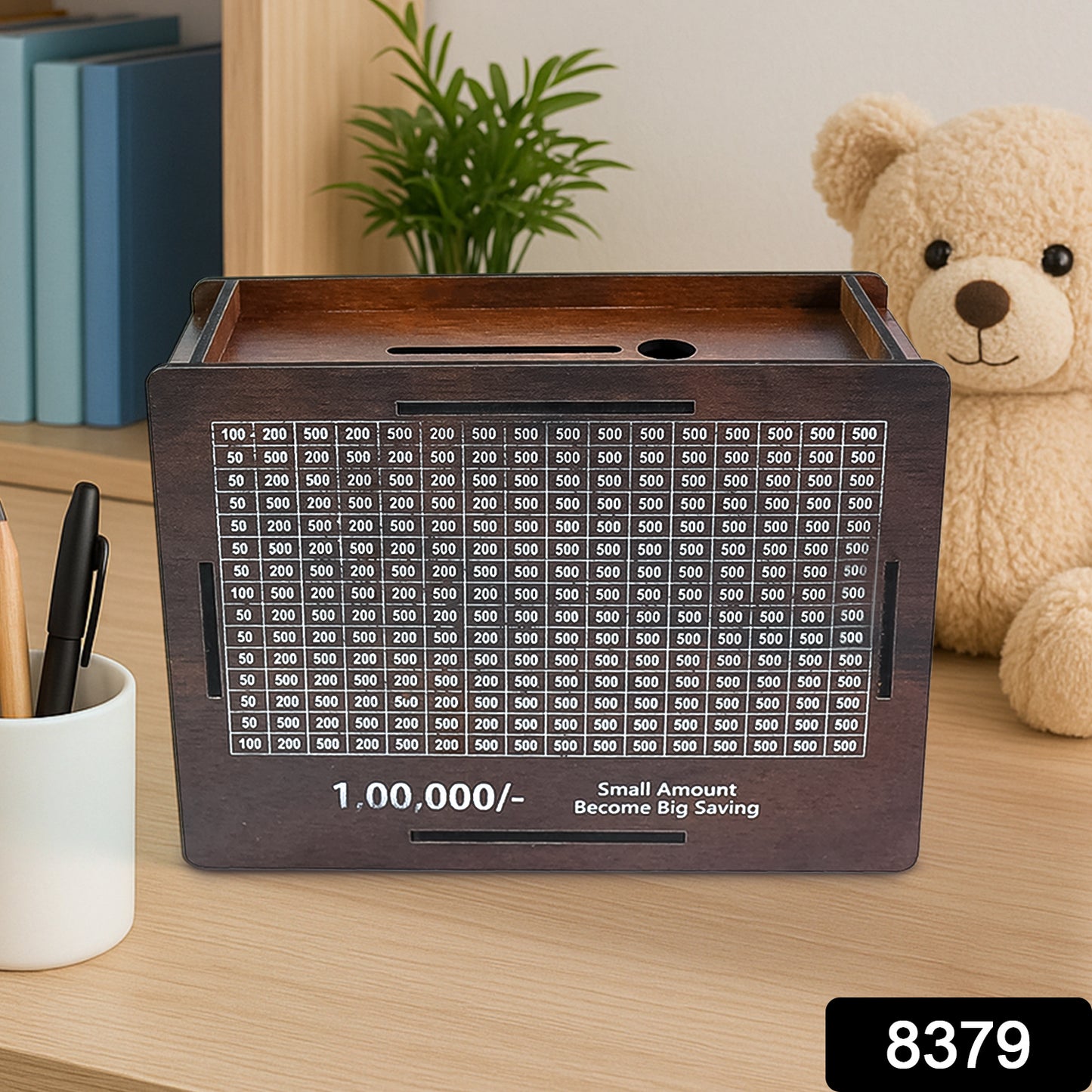 Wooden Piggy Bank with Carved Design – Kids & Adults Savings Box (Up to ₹1 Lakh Goal)