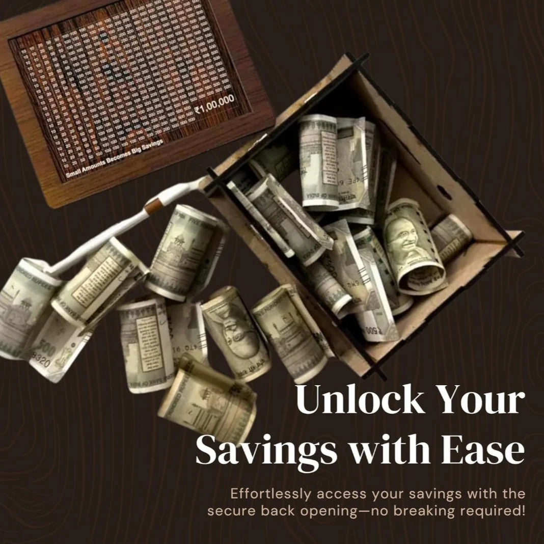 Wooden Piggy Bank with Carved Design – Kids & Adults Savings Box (Up to ₹1 Lakh Goal)