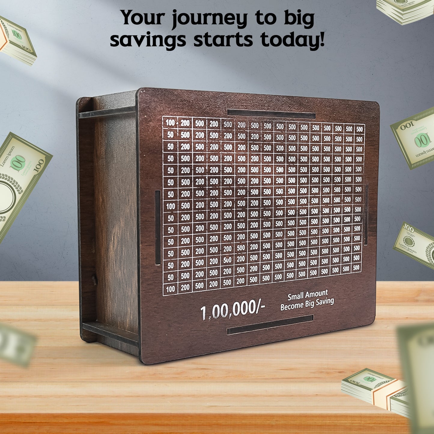 Wooden Piggy Bank with Carved Design – Kids & Adults Savings Box (Up to ₹1 Lakh Goal)