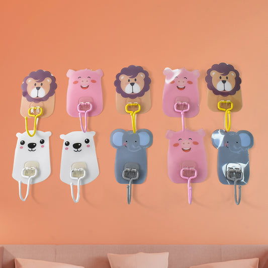 Cartoon Self-Adhesive Wall Hooks – Cute Animal Design | 10 Pcs Set for Kids Room, Bathroom & Kitchen