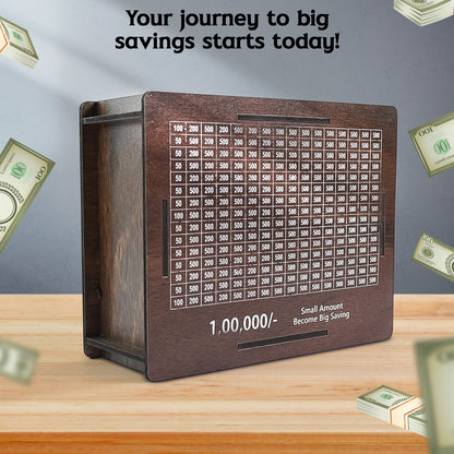 Wooden Piggy Bank with Carved Design – Kids & Adults Savings Box (Up to ₹1 Lakh Goal)
